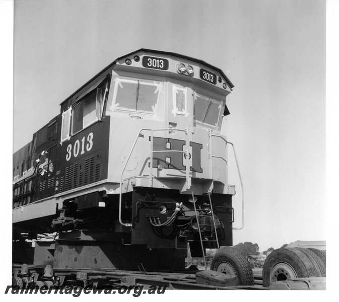 P18803
Hamersley Iron (HI) C636R class 3013 at Comeng Bassendean. Close up of Pilbara cab. 
