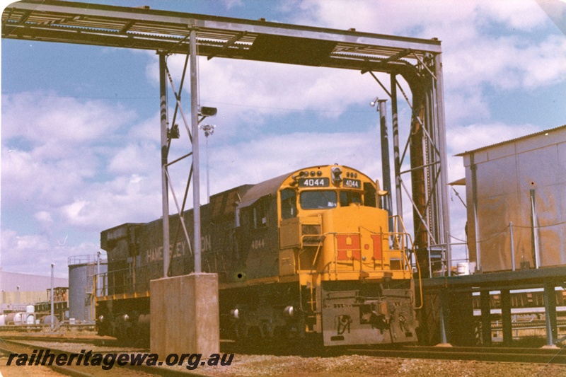 P18945
Hamersley Iron (HI) M636 class 4044 at locomotive servicing facility 7 Mile Dampier. 
