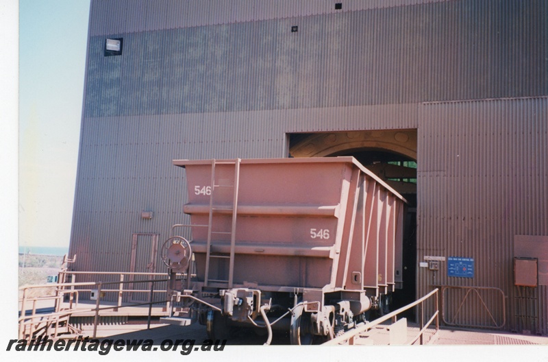 P19000
Hamersley Iron (HI) ore car number 546 at rotary car dumper at Parker Point, Dampier. 
