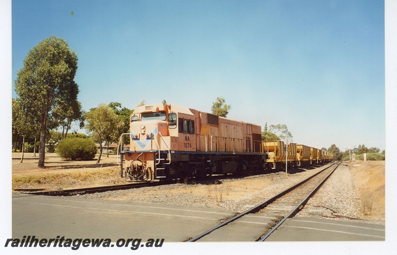 P19005
NA class 1874 departing Brunswick Junction with a ballast train heading for Beela. BN line. 
