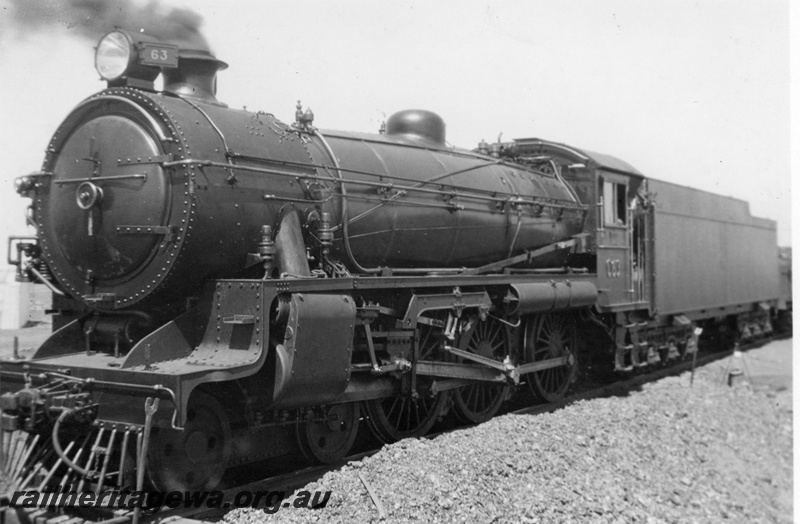P19011
Commonwealth Railways (CR) C class 63, based on NSWGR C36 class and D57 class tender, TAR line, front and side view
