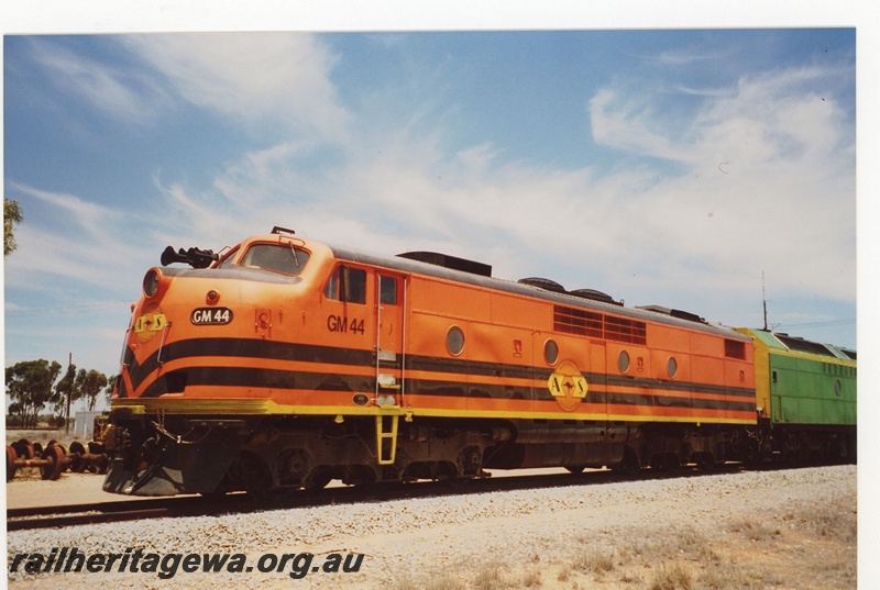 P19098
Australian Southern railway (ASR) GM class 44 (orange livery, black stripes and ASR logo). EGR line. 
