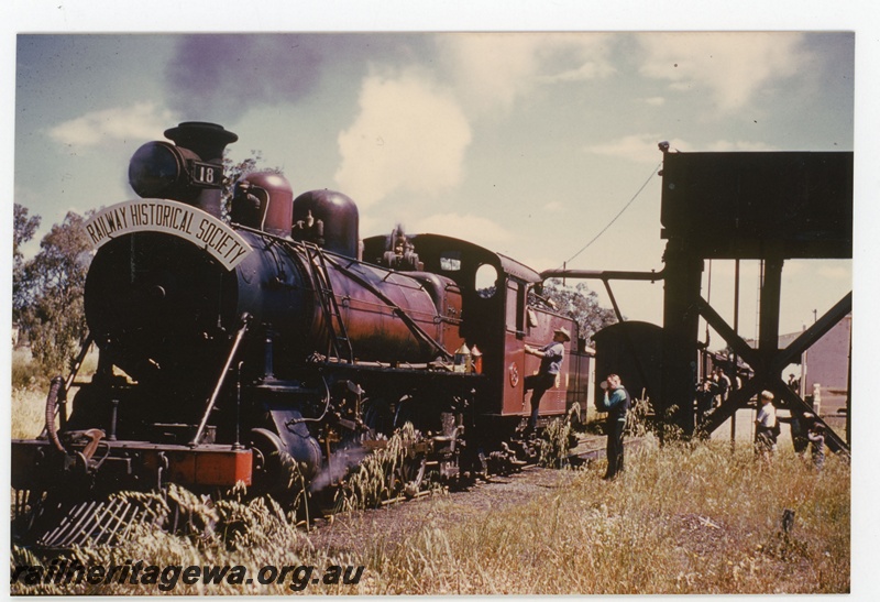 P19128
Midland Railway Co of WA (MRWA) C class steam locomotive taking water at Gingin. The locomotive was hauling an ARHS tour train to Mooliabeenie. MR line.
