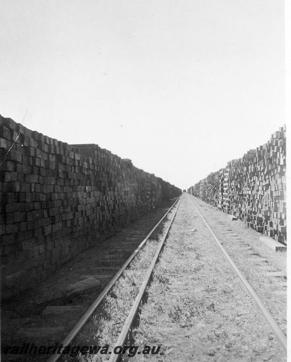 P19183
Commonwealth Railways (CR) dual gauge siding, piles of sleepers, Parkeston, TAR line
