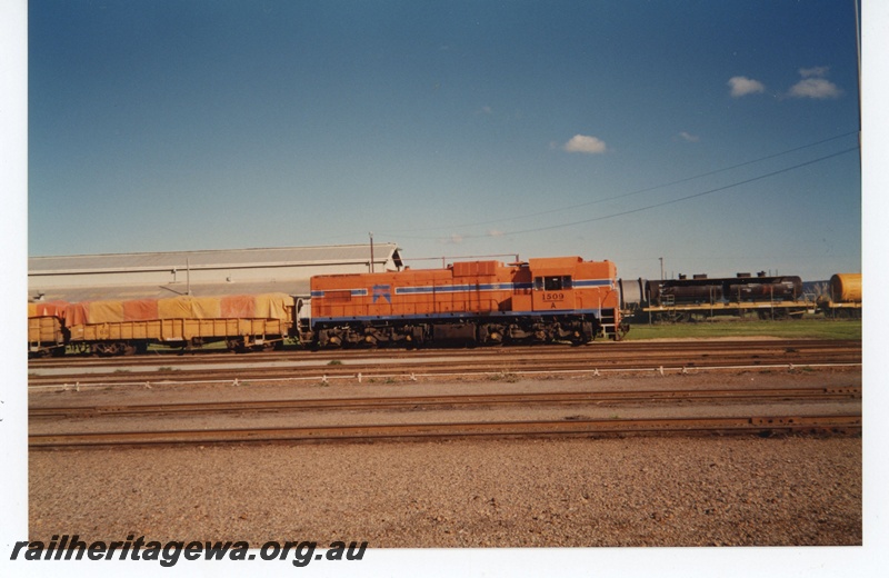 P19257
A class 1509, on goods train including RC class wagon 23168, tanker wagons, shed, Albany, GSR line, side view
