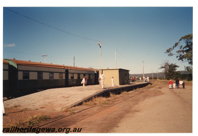 P19258
Station building, platform, tour train, travellers, Elleker, GSR line, track level view
