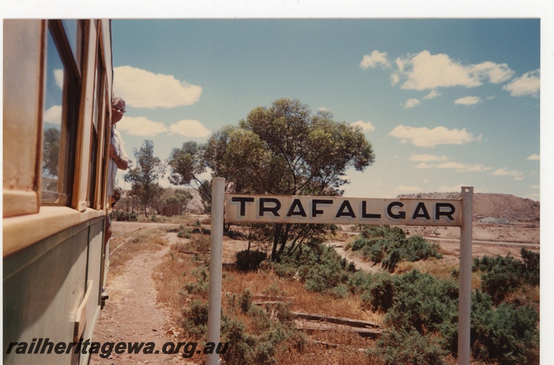 P19284
Station nameboard, part carriage, sightseer, Trafalgar, B line 
