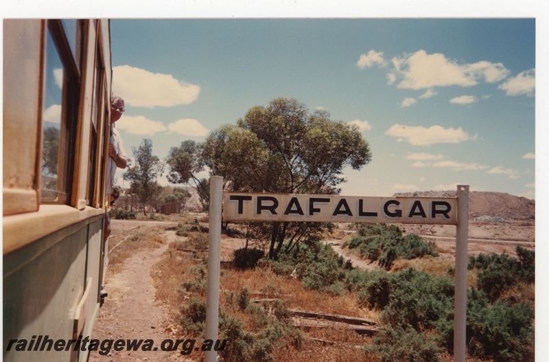 P19284
Station sign, part carriage, sightseer, Trafalgar, B line 
