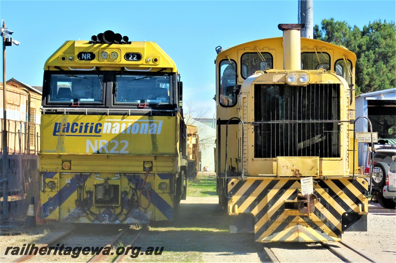 P19319
Pacific National NR class 22 being passed by UGL TA class which is pushing the MRL class 002 into their plant, Bassendean, front on view of both locos
