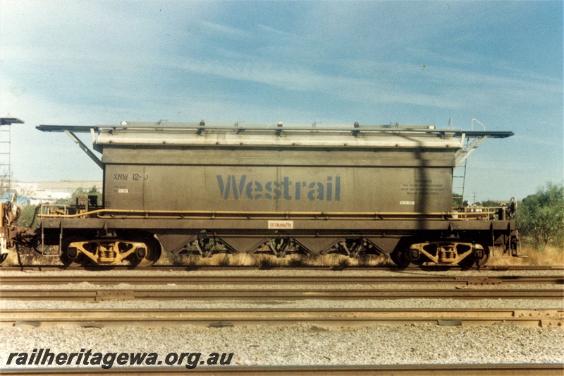 P19355
Westrail XNW class 12J hopper, Westrail' painted on the side, Kwinana Yard, side view, c1000s
