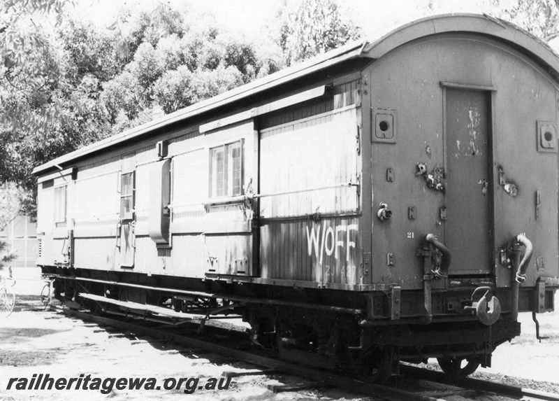 P19364
1 of 2 views of ZJ class 427, ex Australind brakevan, at Kalamunda, green livery with cream stripe, awaiting restoration for the Kalamunda Arts & crafts group, side and end vie
