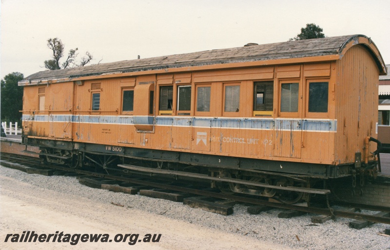 P19370
1 of 4 views of VW class 5100, ex ZA class 189 in the Westrail orange livery with a blue stripe as used on the weed killing train, stowed at Whitman's Park, side and end view.
