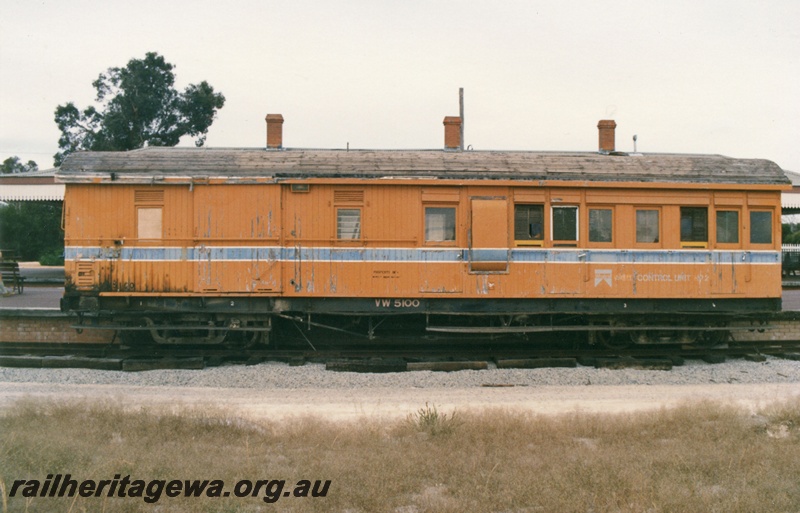 P19372
3 of 4 views of VW class 5100, ex ZA class 189 in the Westrail orange livery with a blue stripe as used on the weed killing train, stowed at Whitman's Park, side view.
