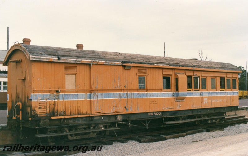 P19373
4 of 4 views of VW class 5100, ex ZA class 189 in the Westrail orange livery with a blue stripe as used on the weed killing train, stowed at Whitman's Park, end and opposite side view.
