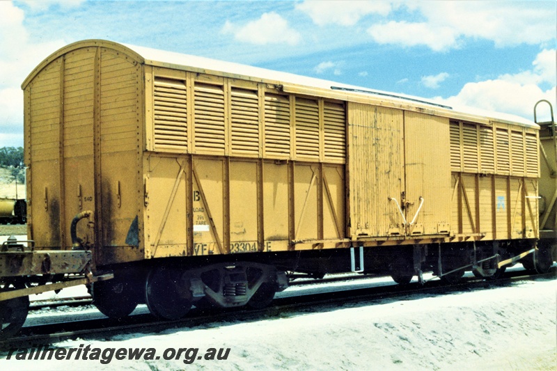 P19405
VF class 23304 louvered van, yellow livery, Avon Yard, lower half of side panelled in on the left hand end, end and side view

