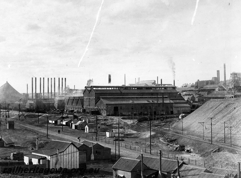 P19460
Electric tramway, industrial buildings, Great Boulder Perseverance gold mine, B line, elevated view of mine site
