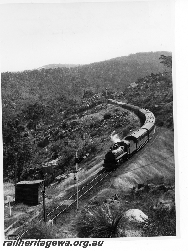P19462
P class loco on Kalgoorlie to Perth express, John Forrest National Park, ER line, front and side view, c1931

