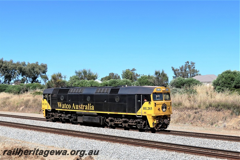 P19555
Watco Australia HL class 202 in the black and yellow livery, runs light engine northwards through Hazelmere
