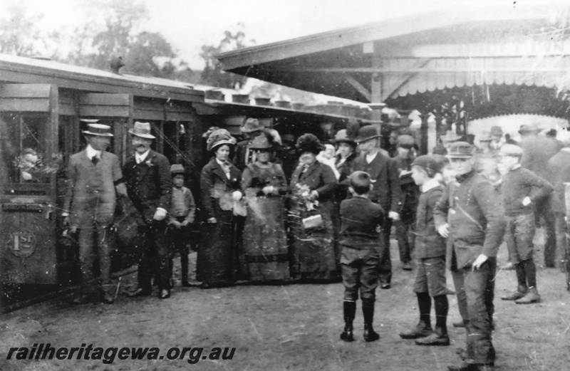 P19608
Bridgetown platform - crowd on station platform. AA carriage in background. PP line. 
