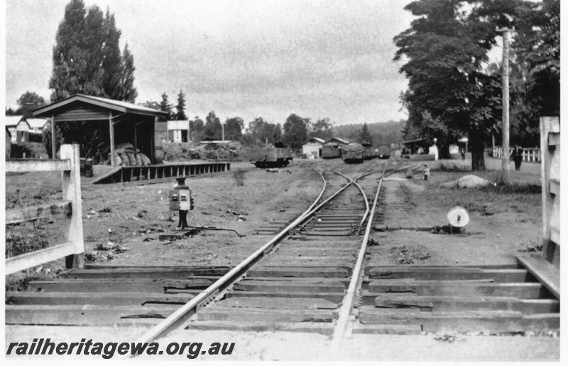 P19609
Bridgetown - view of station yard from north end. Carriage in platform. PP line.
