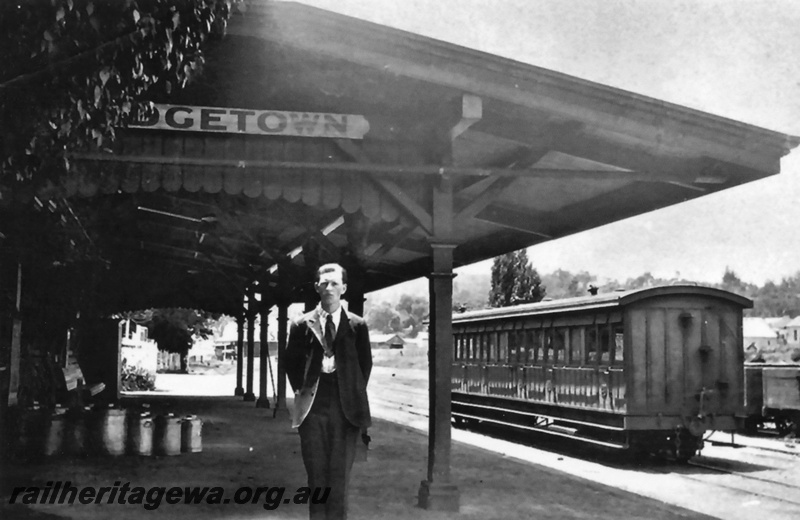 P19613
Bridgetown platform - looking north. Station sign in photograph and passenger carriage in yard. PP line
