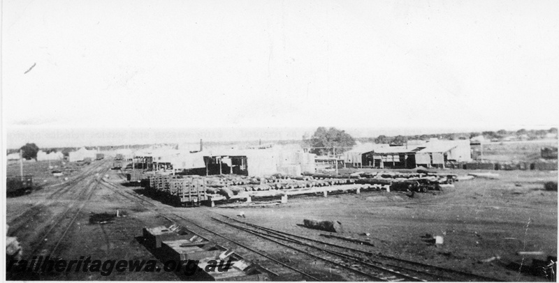 P19631
WA Goldfields Firewood Supply Co Kurrawang Headquarters. View looking east showing log landing and sawmill.
