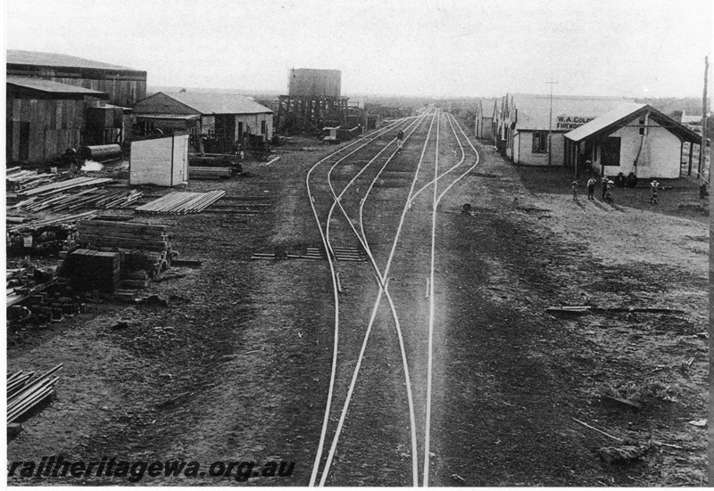 P19632
WA Goldfields Firewood Supply Co Kurrawang Headquarters. View showing Kurrawang station workshop and company office.
