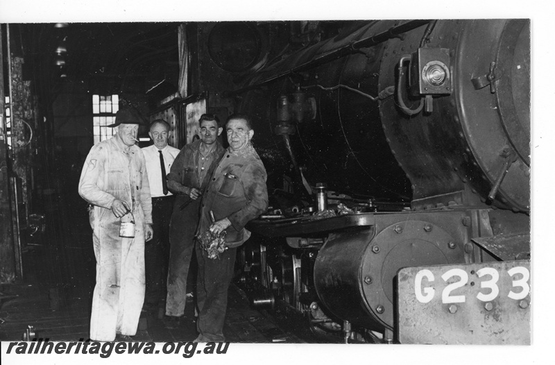 P19643
G class 233 with fitters L to R Bluey Wiggins, unknown, Reg Parsons, Bert Aggrisi at Bunbury Loco shed. SWR line
