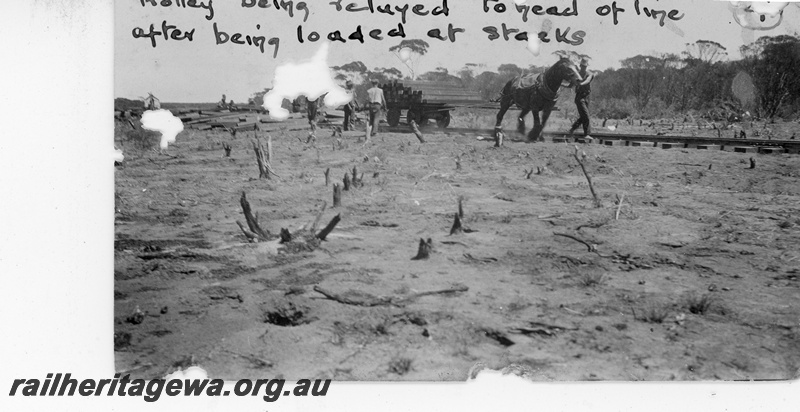 P19663
Horse pulling plate laying trolley to head of line. Location unknown.
