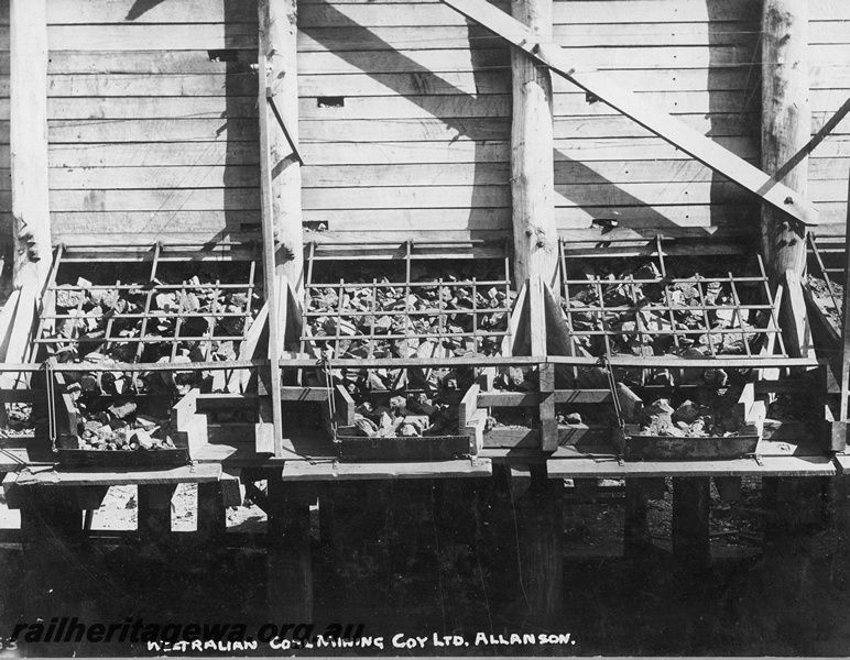 P19684
Allanson - Westralian Coal Mining Co close up view of loading chutes. BN line.
