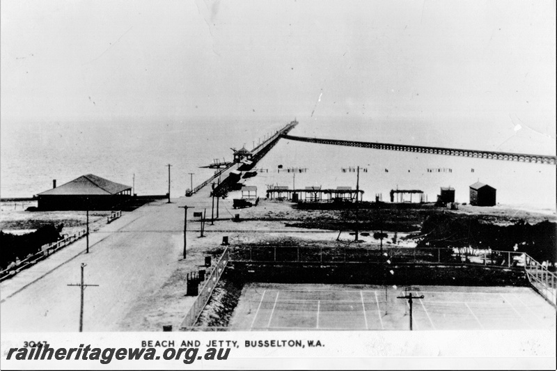 P19701
Jetty at Busselton, showing the approach railway jetty to the main jetty, elevated overall view looking along the main jetty.
