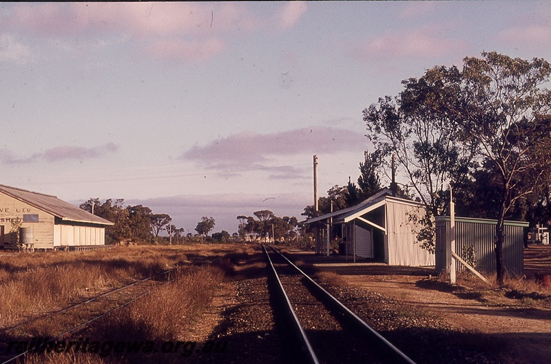 P19735
Station building, goods shed, tracks, Kendenup, GSR line, Easter
