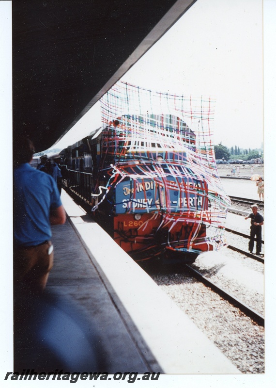 P19650
L class 260 breaking through a banner of streamers arriving at Perth Terminal on the inaugural 'Indian Pacific' passenger train from Sydney
