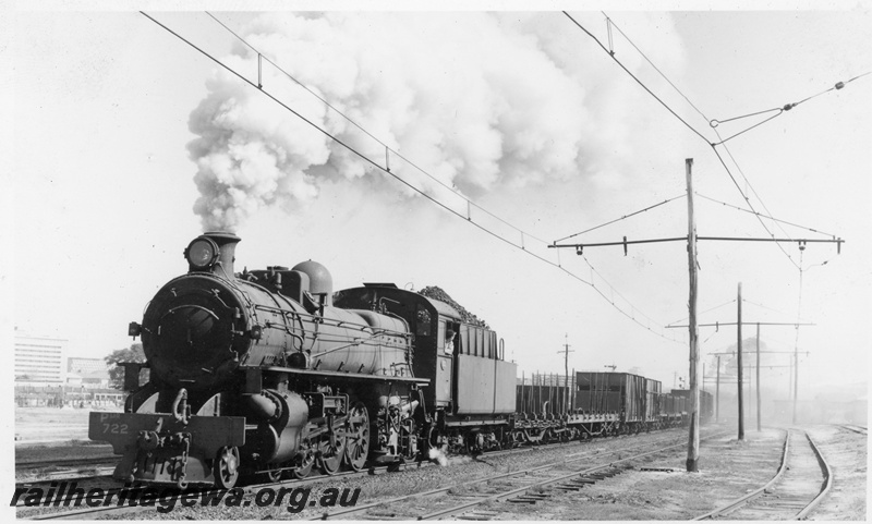 P19651
PMR class 722 departing East Perth on No. 35 Goods on the SWR line. In the foreground is the overhead catenary wires for the S.E.C. electric loco which serviced the East Perth power house
