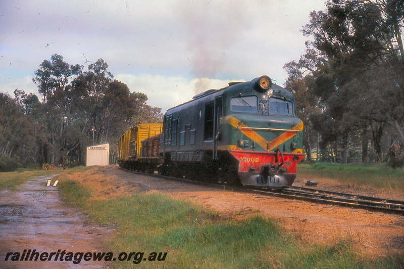 P19928
X class 1003, on goods train, station shed, Noggerup, DK line
