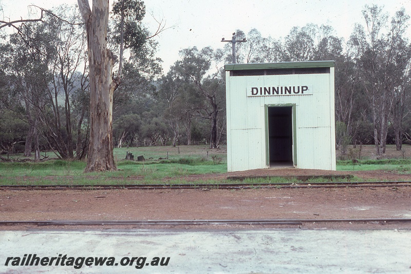 P19940
Out of shed, tracks, nameboard on shed, Dinninup, DK line
