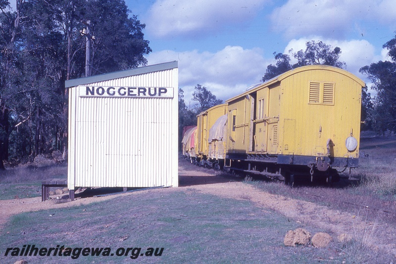 P19952
Rake of vans and wagons, station shed with nameboard, Noggerup, DK line
