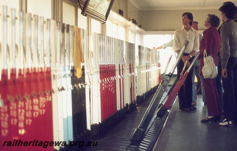 P19981
Signal box interior, levers, sightseers, Brunswick Junction, SWR line
