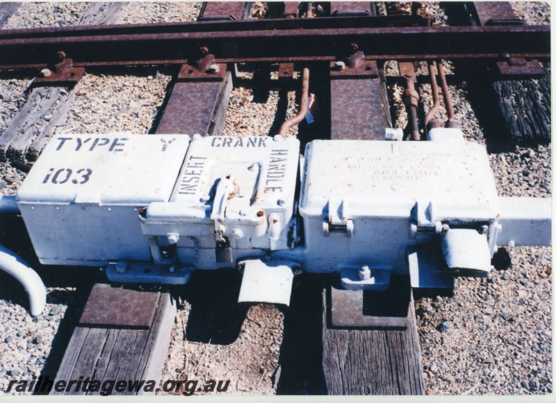 P20060
Westinghouse Brake and Signal Co point machine type Y 103, point blade, rail, rodding, sleepers, close up view
