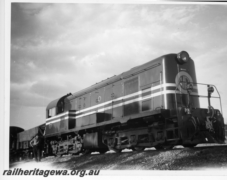 P20070
MRWA F class 41, covered wagon, onlooker leaning on loco, side and front view
