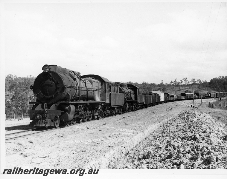 P20099
S class 541 double heading with another steam loco, on goods train, rural setting, front and side view
