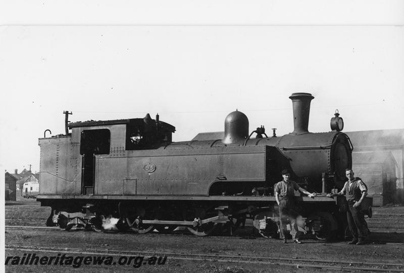 P20195
N class 95 4-4-4T steam loco, crew standing in front of the loco, East Perth Loco Depot, side and front view
