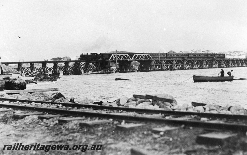 P20210
D class hauling passenger train over the Swan River,  North Fremantle. ER line 
