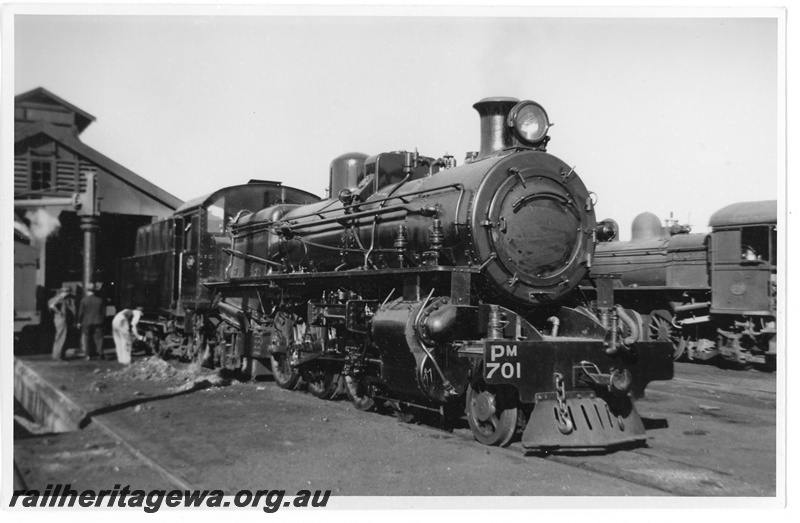 P20219
PM class 701. Front three-quarter view of right hand side, showing original air-operated sanding control and also Cardew cylinder relief valves mounted to side of smokebox. ER line
