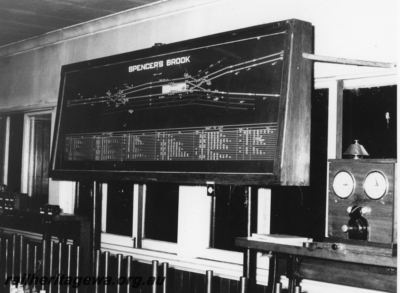 P20232
Spencers Brook signal box illuminated diagram of signals and points in signal box. Night photograph using flash. ER line.
