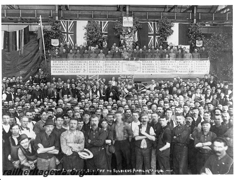 P20240
Workers at the Loco Shops, Midland Workshops, assembled to Send Off soldiers to the war. (Of the Forty, ten lost their lives)  
