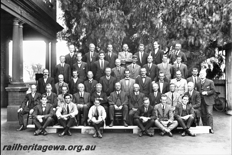 P20243
Group photo of Chief Mechanical Engineer's staff, including Mr Broadfoot, second row, fifth from left, outside CME's Office, Midland Workshops
