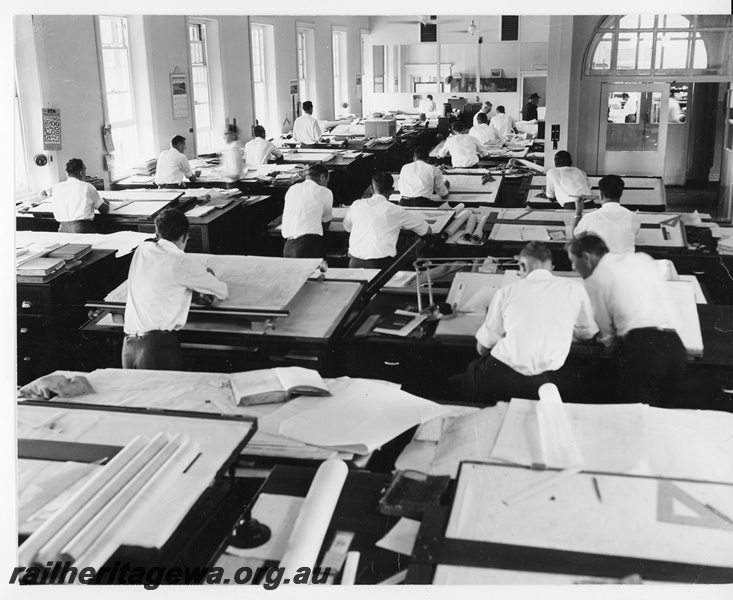 P20264
Interior of Drawing Office at Midland Workshops No 1 of 3, drawing boards, drawings, draughtsmen at work, view from rear of the office
