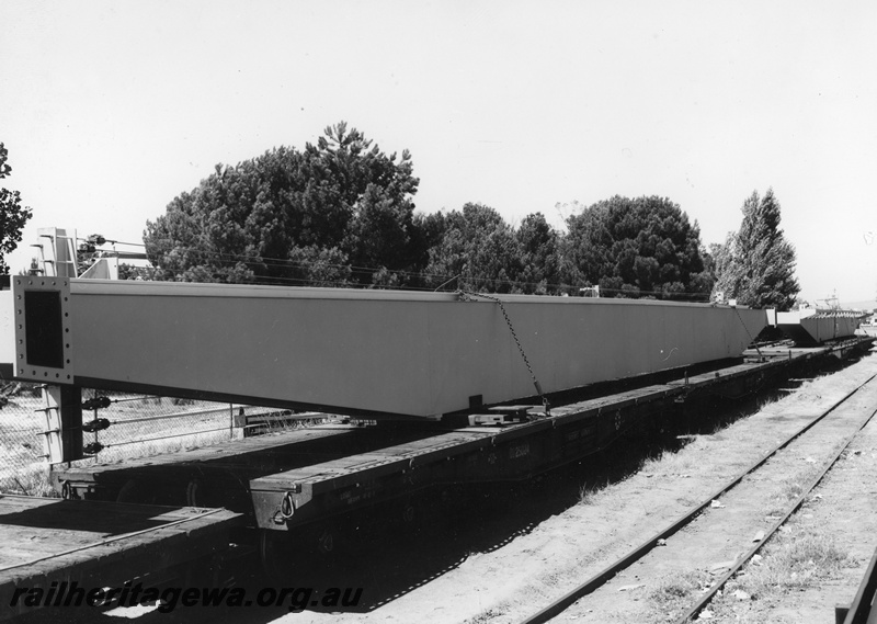 P20273
Transport of Vickers Hoskins gantry crane to Avon Yard No 2 of 4, QU class wagon 25024 laden with crane component, other wagons, Midland, ER line, end and side view 
