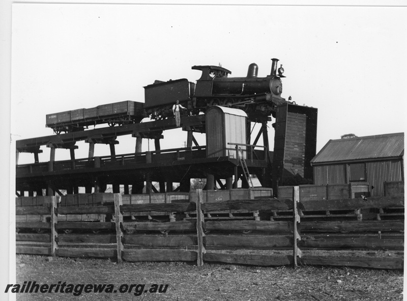 P20290
G class 52  with front bogie over the end of coaling stage ,coupled to R class 3590 bogie wagon, GA class 5187 open Wagon dangling over the end of the ramp, Northam coaling stage.  ER line. (See P21577 for view from the other side)
